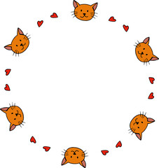 Round frame with cute orange cat and red hearts on white background.eps