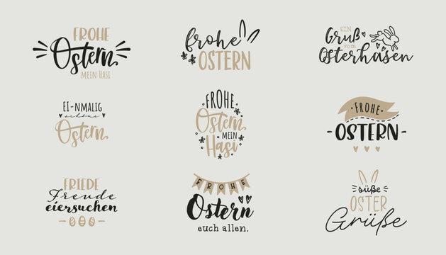 Collection of lovely hand drawn easter designs with text in german "Happy Easter" cute hand drawn bunnies, eggs and decoration