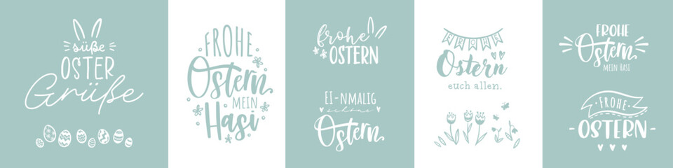 Collection of lovely hand drawn easter designs with text in german "Happy Easter" cute hand drawn bunnies, eggs and decoration © TALVA