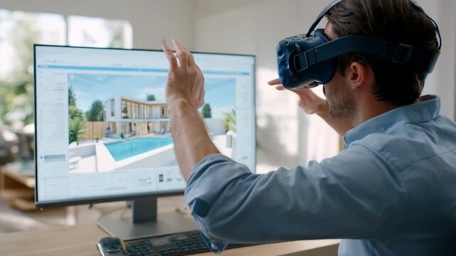 Medium shot of a developer designing immersive virtual reality real estate tours showcasing modern homes and interiors.