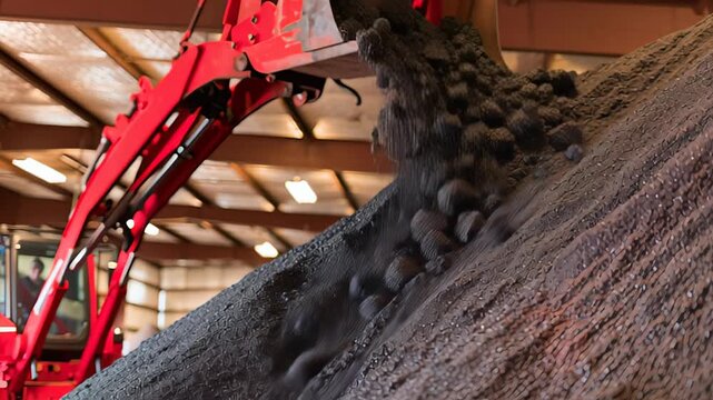 Red front loader scoops and dumps black material from a large pile inside a spacious industrial warehouse with metal beams and bright overhead lights