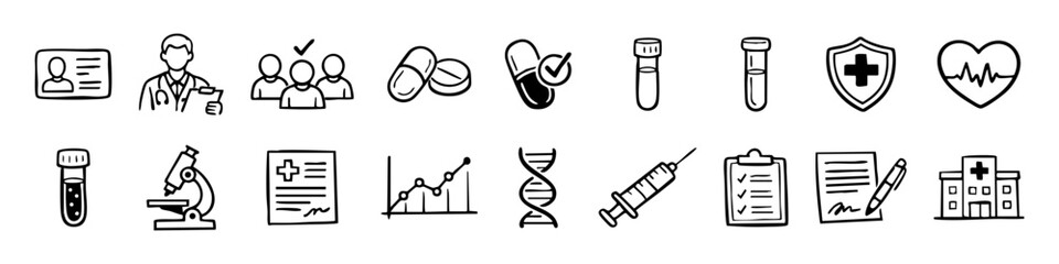 Set of hand-drawn medical and healthcare icons in doodle style. Vector illustrations for clinical research, laboratory, pharmacy, and hospital themes. © Trends