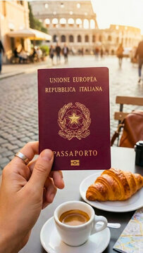 M&atilde;o segurando passaporte italiano com Coliseu de Roma desfocado ao fundo. Caf&eacute; expresso e croissant italiano na mesa. Perfeito para viagem, turismo, cidadania italiana e experi&ecirc;ncias em Roma.
