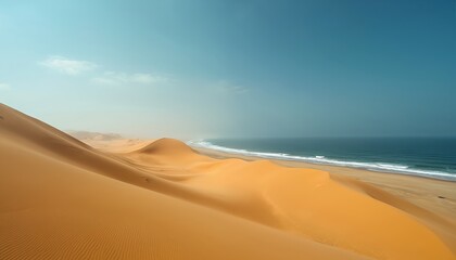 Namib desert sand dunes meet the ocean shoreline. Golden waves of sand curve towards blue sea under clear sky. Arid landscape with dry ground and vast empty space, remote nature.