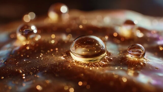 Captivating Close-Up of Liquid Droplets on a Glossy Surface, Showcasing Reflections, Bokeh Effects, and Vibrant Color Play in an Artistic Composition