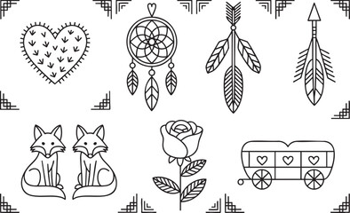 Set of boho style icons with cactus dreamcatcher arrows foxes rose and wagon on grid © Yasin