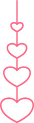 Vertical string of four hanging pink outline hearts with transparent centers, whimsical neon style heart garland for romantic digital overlays and Valentine's Day web borders