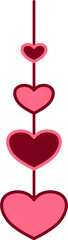 Vertical hanging heart garland with bold outlines, decorative maroon and pink heart string for romantic page borders, Valentine's Day web assets, and whimsical wedding graphics