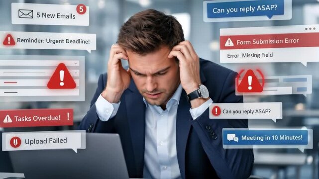 Young Caucasian man in a blue suit experiences stress while working on a laptop surrounded by urgent notifications and alerts in a modern office setting, conveying a sense of overwhelming pressure