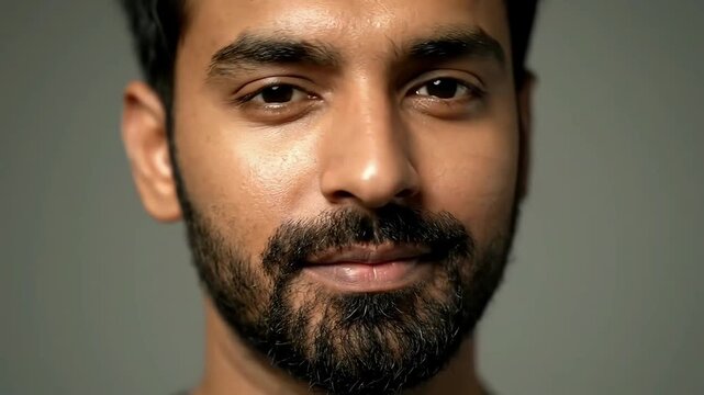An intimate and engaging close-up portrait of a handsome bearded male with radiant glass skin, conveying authenticity and approachable confidence for diverse visual narratives