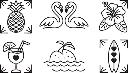 Obraz premium Tropical icons set pineapple flamingos hibiscus drink island surfboard