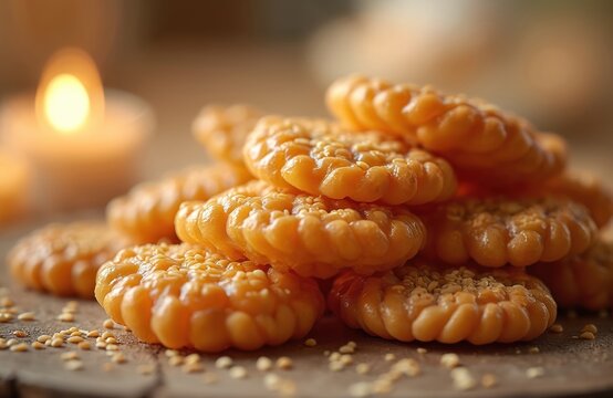 Golden chebakia pastries stacked on wooden board. Sweet sesame honey cookies are deep fried. Candle light creates warm inviting glow. Ideal for Ramadan or Eid celebrations, adds festive touch.