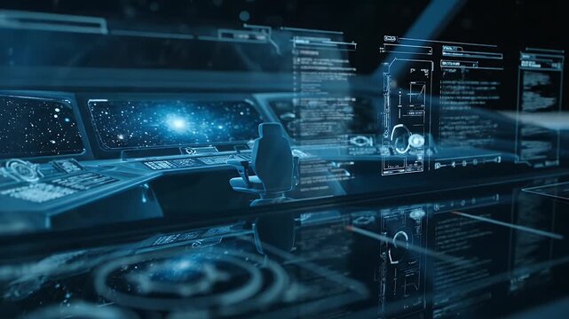 Futuristic spaceship bridge with holographic displays and complex data visualization