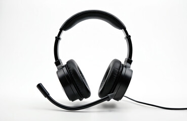 Fototapeta premium Black headset with microphone rests on white surface. This device provides clear audio for communication. Ideal for office work and remote calls. Useful for gamer streamers too.