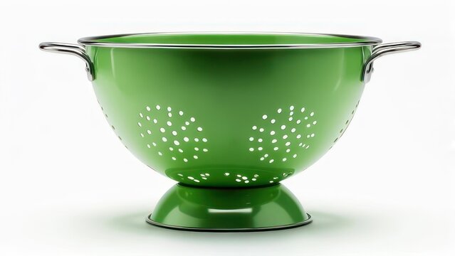 Green Enamel Colander with Handles and Perforations for Kitchen Use.