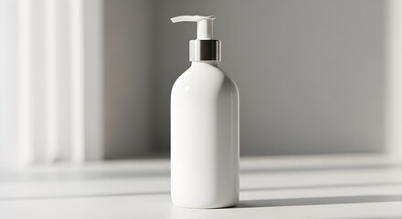 A white bottle with a pump dispenser on a clean surface