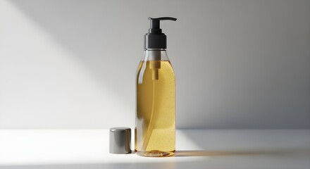 A bottle of yellow liquid with a black pump dispenser on a white surface