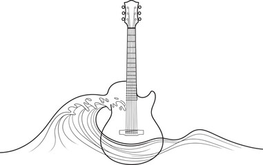 Guitar and Ocean Wave Line Art Vector Illustration for Music Festivals Surfing and Creative Artistic Branding Projects