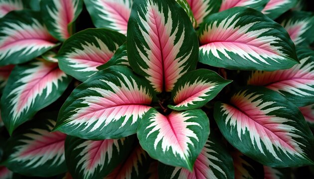 Close-up on Triostar Stromanthe leaves with dark green edges and bright pink and white striped centers. These colorful tropical plants create natural patterns.