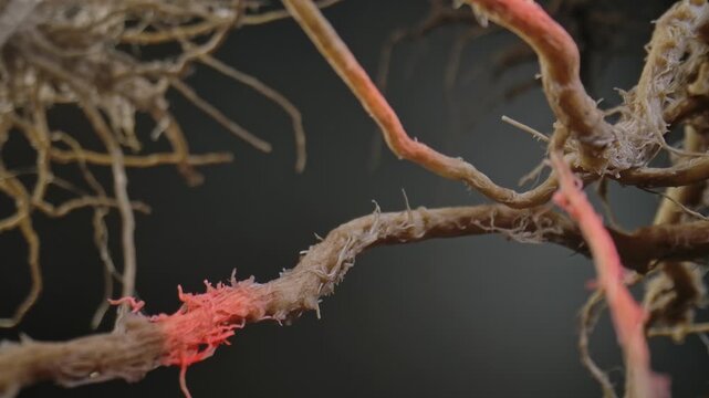 Macro shot of a tree or plant root system with a red beam of light shining through them, showcasing intricate textures and organic patterns in nature.