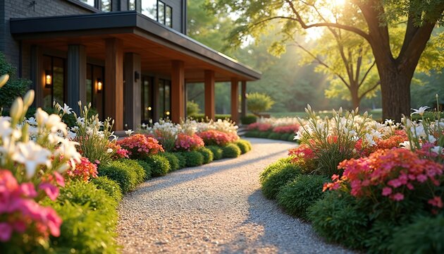 Gravel path winds through vibrant flowerbeds toward modern house porch. Rich green plants and blooming lilies line pathway. Sunny garden with trees and manicured bushes. Peaceful suburban facade.