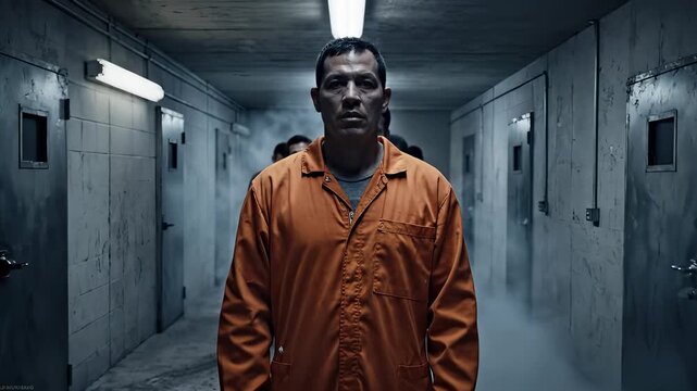 Prisoner in orange jumpsuit stares down the camera in a dark hallway.