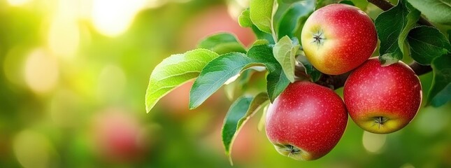 Obraz premium A close-up of vibrant red apples hanging from a tree branch, surrounded by lush green leaves and a soft, warm background highlighting their freshness.