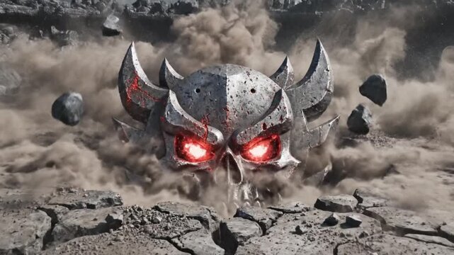 Fiery skull exploding with flames on rocky terrain