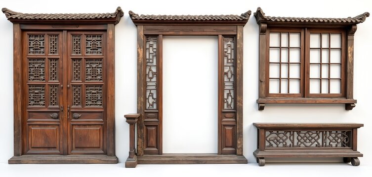 Antique wooden door, window frames display intricate Chinese latticework. Classic Asian architectural elements arranged on white background. Traditional carved wooden panels offer authentic oriental