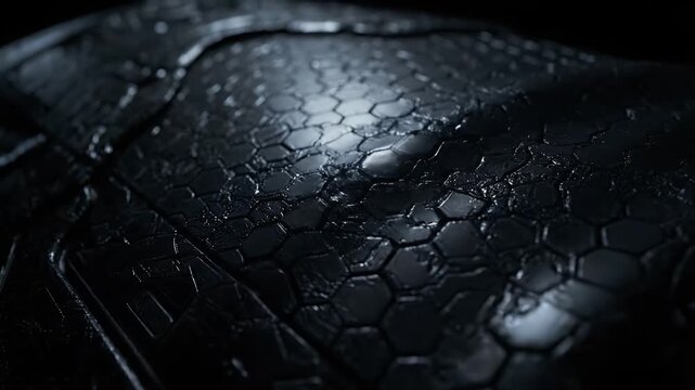 Close-up of a dark, reflective surface featuring an intricate hexagonal pattern, highlighting the futuristic and high-tech texture of a protective material or advanced design
