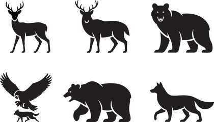 Fototapeta premium Wild Forest Animal Silhouette Vector Set featuring Bear Deer Wolf and Eagle for Nature Branding and Outdoor Adventure Graphic Designs.