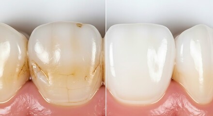 Close up of single tooth before and after dental restoration and whitening