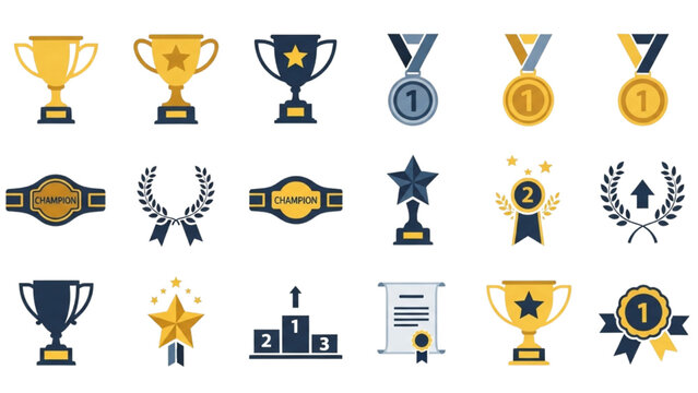 Collection of golden trophies and medals displayed in a grid arrangement with certificates and achievement icons