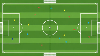 Aerial view of a soccer field with players in different colored jerseys during a match © Stock Image Paradise