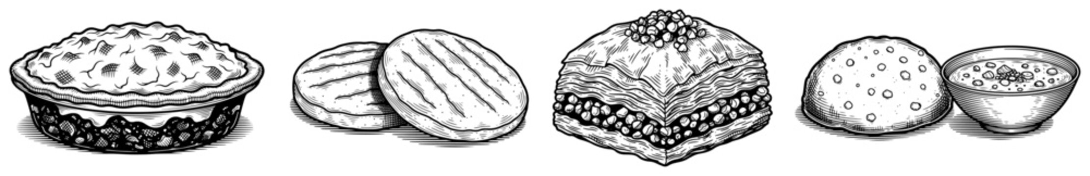 Set of diverse international food items and traditional dishes in vintage hand drawn woodcut style