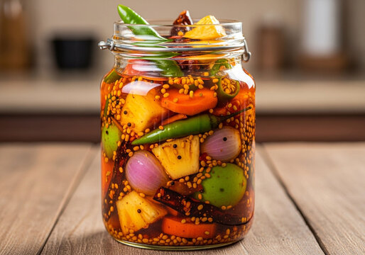 Homemade Indian Pickle in Glass Jar with Assorted Vegetables and Spices, Vibrant Colors, Rustic Wooden Background. Delicious Appetizer.