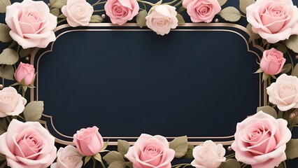 Pale pink rose flower frame on black background: copy space available