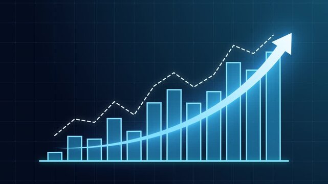 Blue bar chart with glowing upward arrow and dotted trend line. Representing consistent business growth, revenue increase, financial success, and positive market performance 