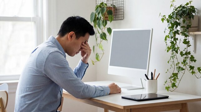 Stressed young professional man feeling overwhelmed while working remotely at his bright home office desk