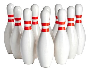 Bowling pins. White pins, red stripe, grouped, clean, white background. Studio shot