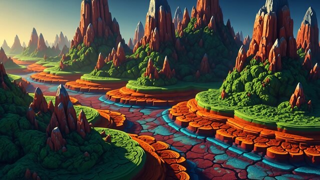  illustration of a fantasy world featuring jagged orange peaks, green terraced hills, and a winding blue riverbed with intricate cracked textures.
