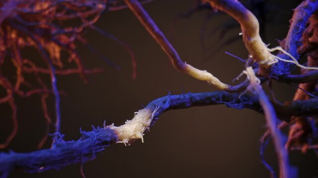 Macro shot of complex plant roots illuminated with red and blue lighting creating a surreal effect.