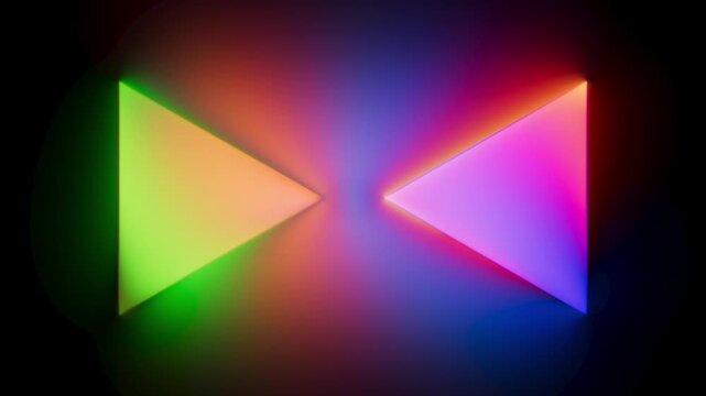 Triangle shapes glowing in rainbow gradient colors. Abstract neon loop animation with dynamic color morphing. 3D render animation.