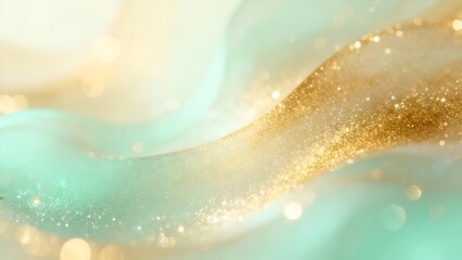 Mint green and gold abstract glowing wave background: delicate glitter grain gradient