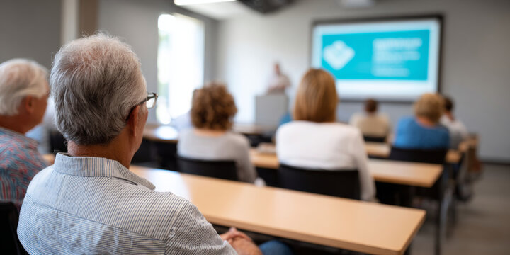 Group of elderly people attending a seminar or workshop in a modern classroom setting with a presenter and presentation screen