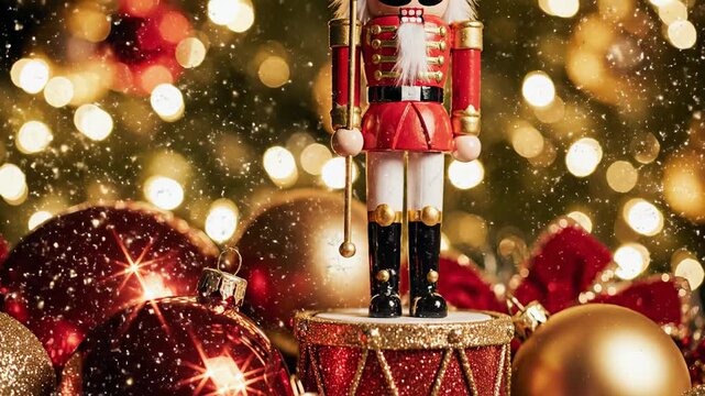Festive Christmas Nutcracker and Ornament Display with Holiday Lights.