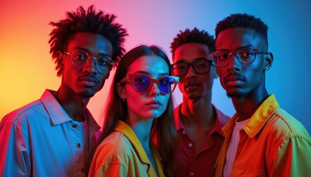 Group of young people wear glasses posing in studio. Bright neon lights cast colorful shadows. Diverse friends look at camera with confidence and style, projecting modern youth culture.