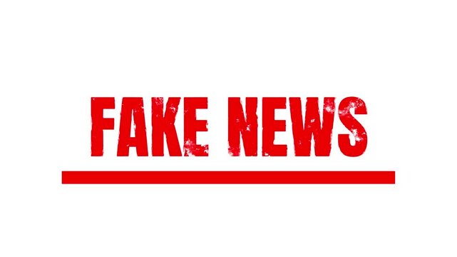 Appearance of a dirty red stamp mark "FAKE NEWS" surrounded by a rounded frame from above on a black screen with alpha channel.