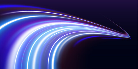Obraz premium Flowing light ribbons shimmer with neon glow. Smooth curves create a sense of speed. Vector illustration for modern digital backgrounds.