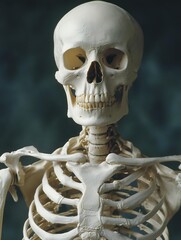 Human skeleton standing centered on green background clinical and educational mood high realism studio lighting, Realistic Photo